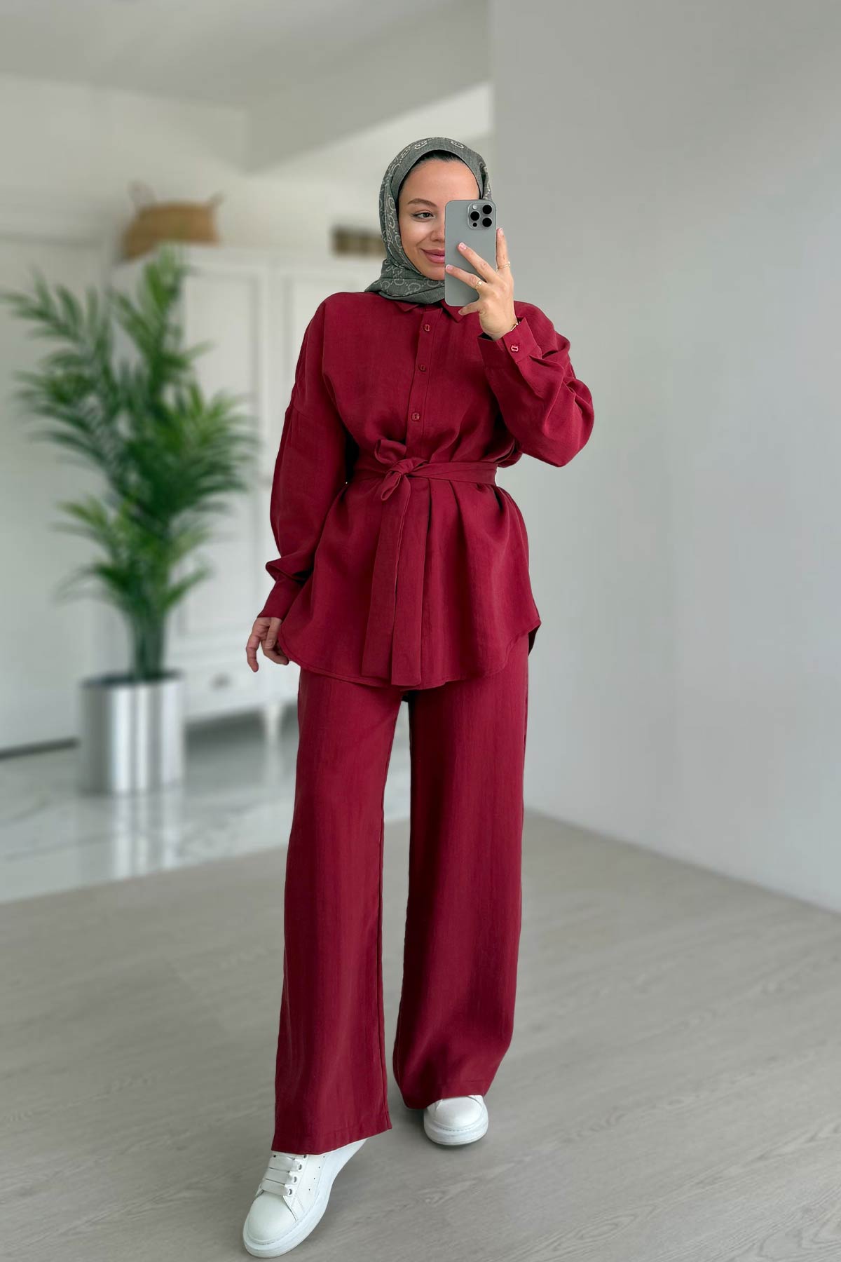 Girdle Detail Draped Double Suit - Burgundy