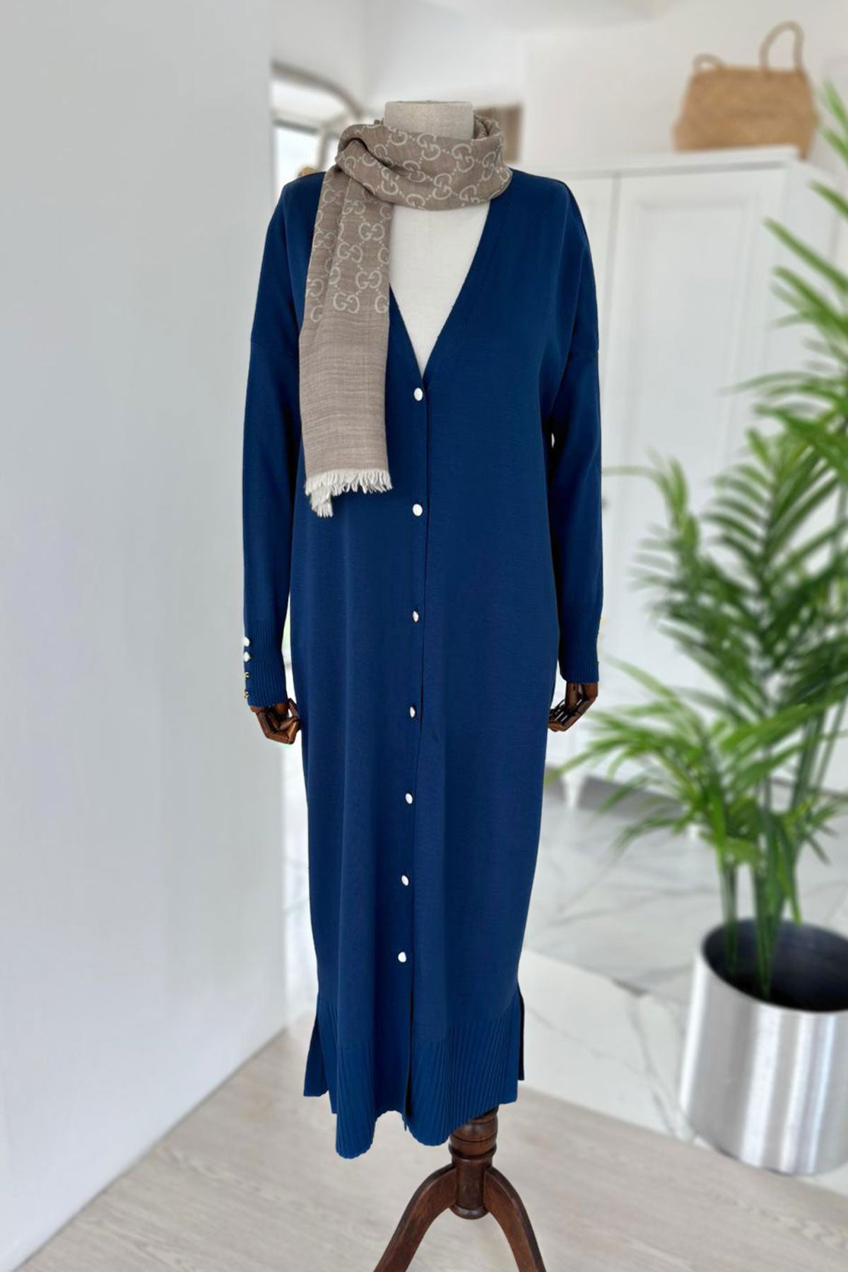 Maxi-Length Buttoned Mercerized Cardigan - Petrol