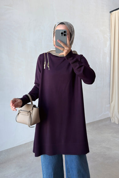 Zip-Shoulder Mercerized Tunic - Plum