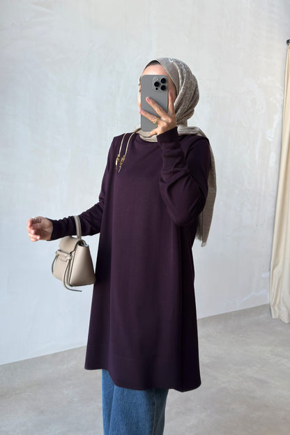 Zip-Shoulder Mercerized Tunic - Plum