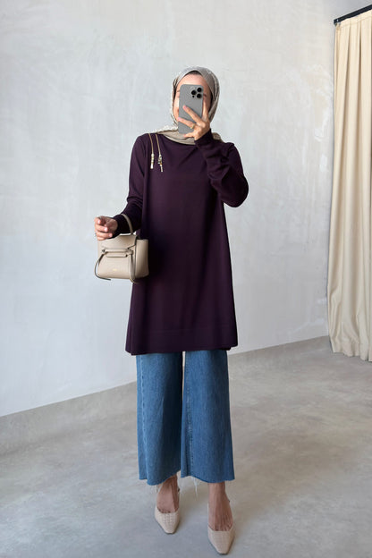 Zip-Shoulder Mercerized Tunic - Plum