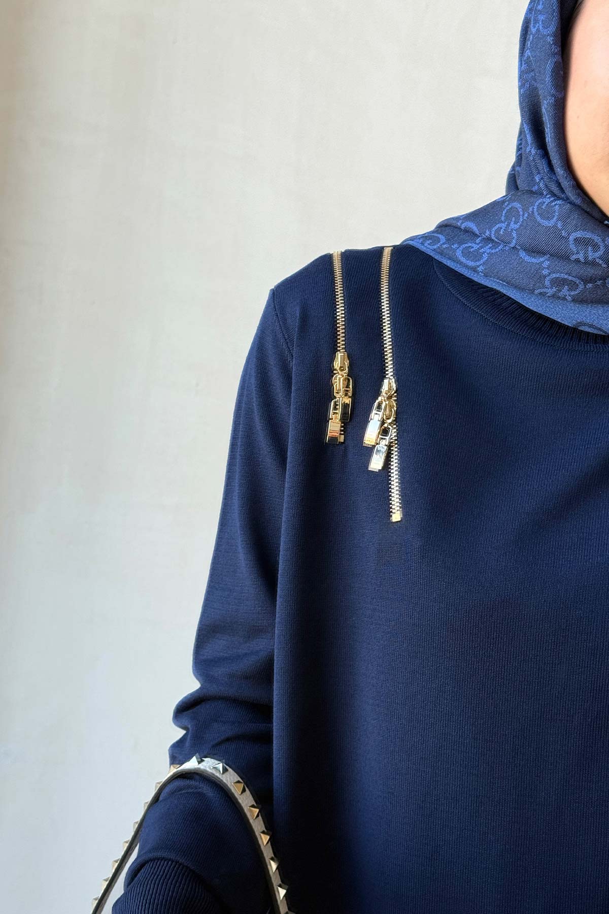 Zip-Shoulder Mercerized Tunic - Navy