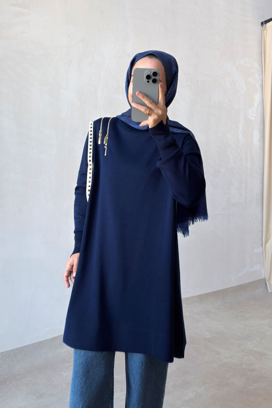 Zip-Shoulder Mercerized Tunic - Navy