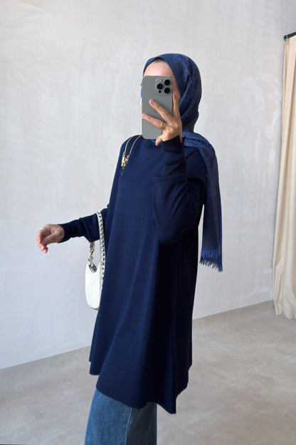 Zip-Shoulder Mercerized Tunic - Navy