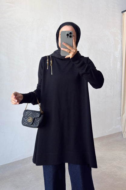 Zip-Shoulder Mercerized Tunic - Black