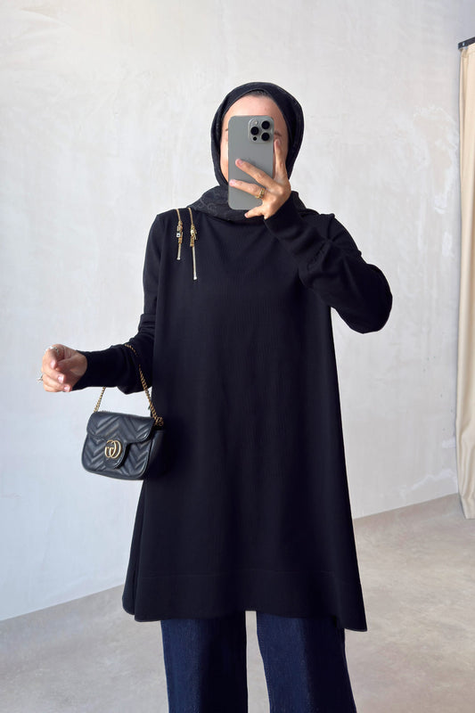 Zip-Shoulder Mercerized Tunic - Black