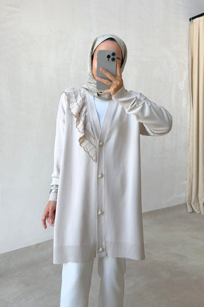Ruffle Shoulder Beige Mercerized Cardigan