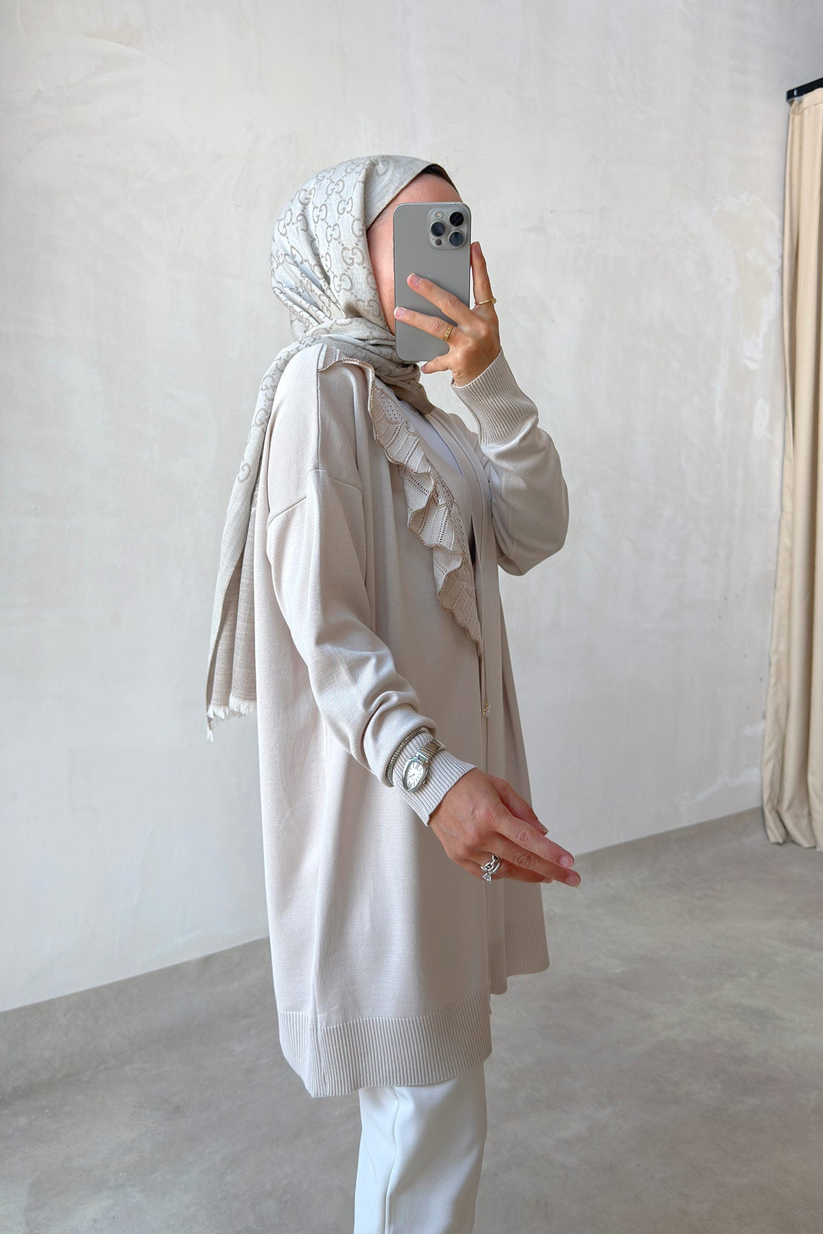 Ruffle Shoulder Beige Mercerized Cardigan