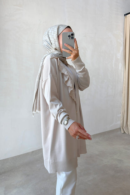Ruffle Shoulder Beige Mercerized Cardigan