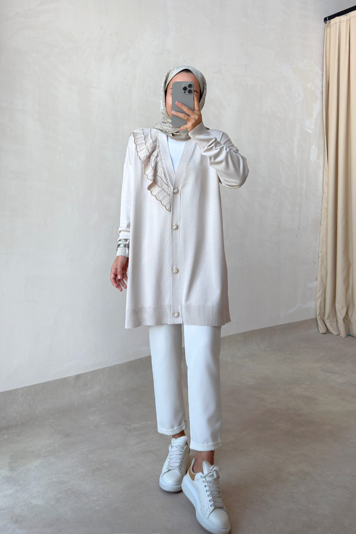 Ruffle Shoulder Beige Mercerized Cardigan