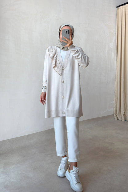 Ruffle Shoulder Beige Mercerized Cardigan