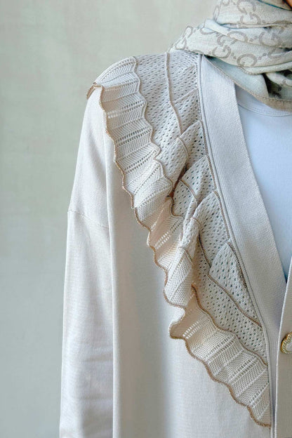 Ruffle Shoulder Beige Mercerized Cardigan