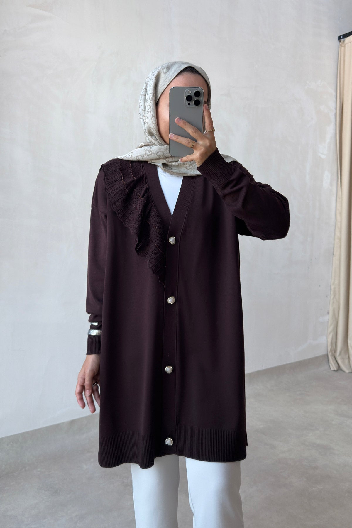 Ruffle Shoulder Brown Mercerized Cardigan