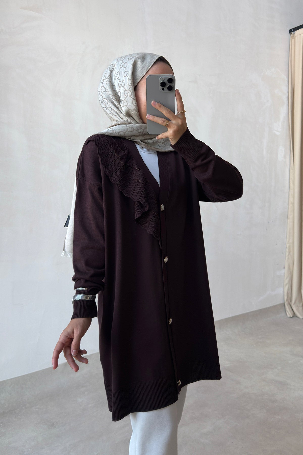 Ruffle Shoulder Brown Mercerized Cardigan