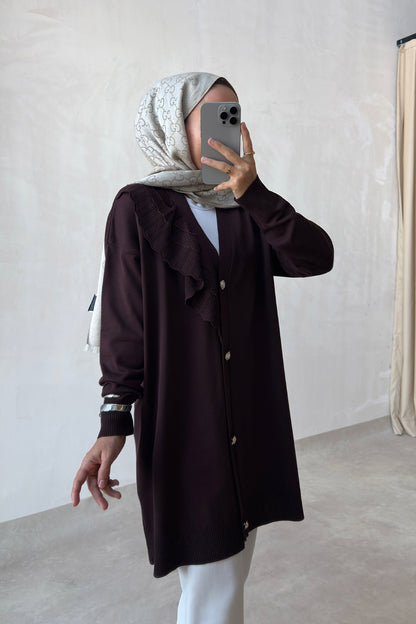 Ruffle Shoulder Brown Mercerized Cardigan