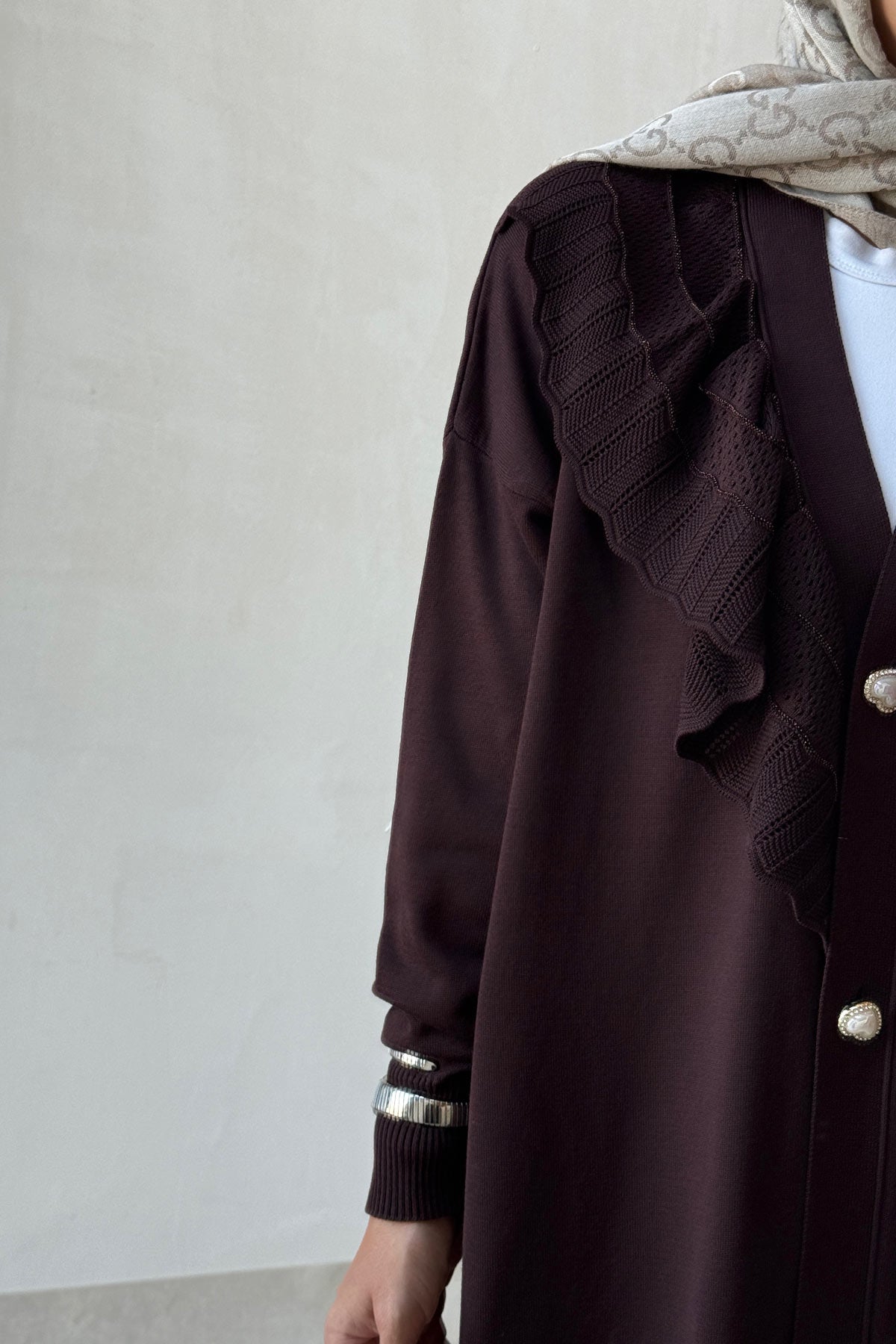 Ruffle Shoulder Brown Mercerized Cardigan