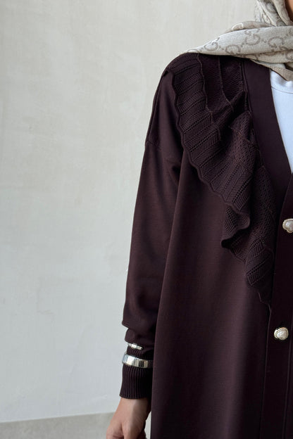 Ruffle Shoulder Brown Mercerized Cardigan