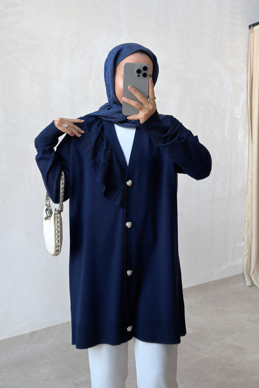 Ruffle Shoulder Navy Mercerized Cardigan