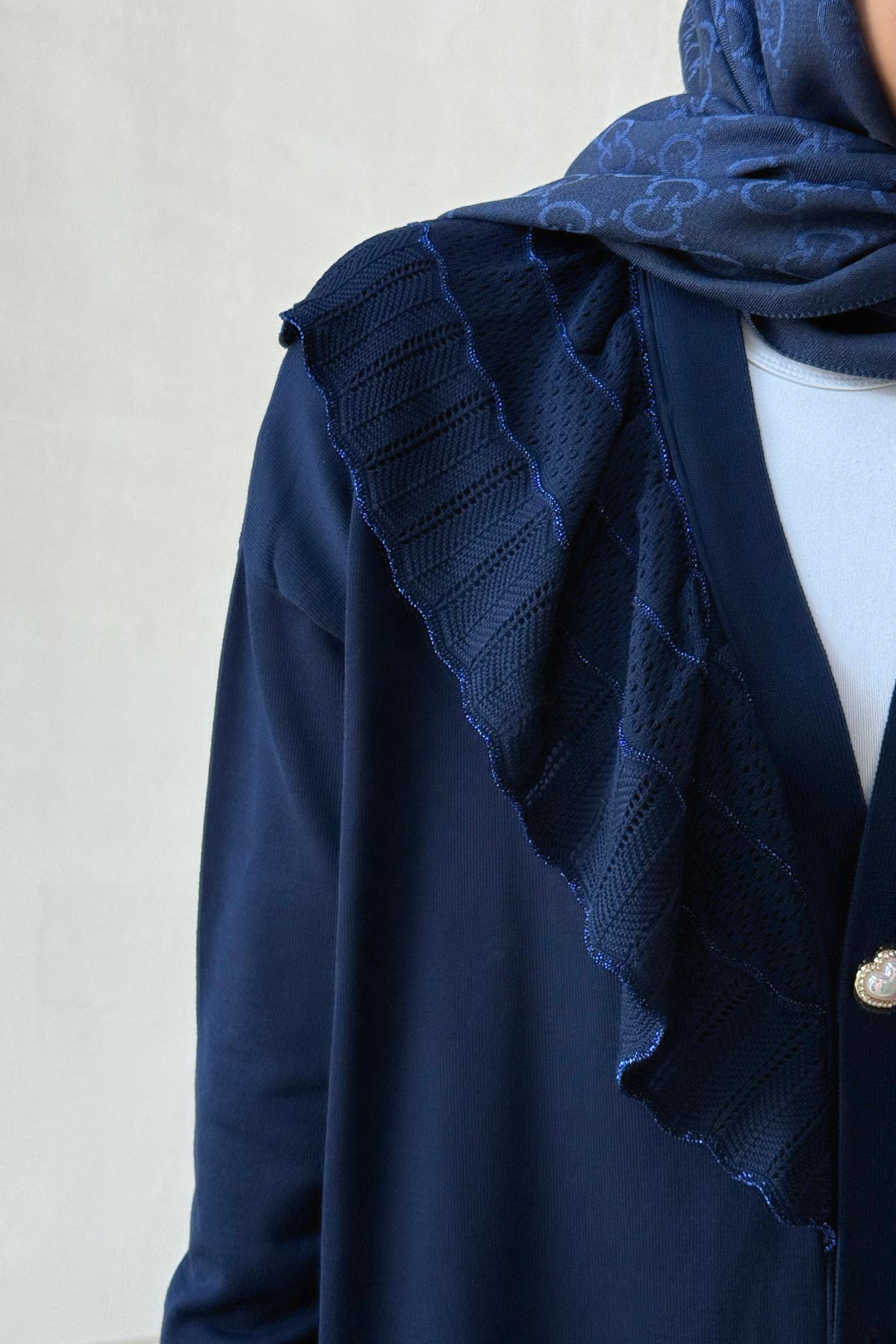 Ruffle Shoulder Navy Mercerized Cardigan
