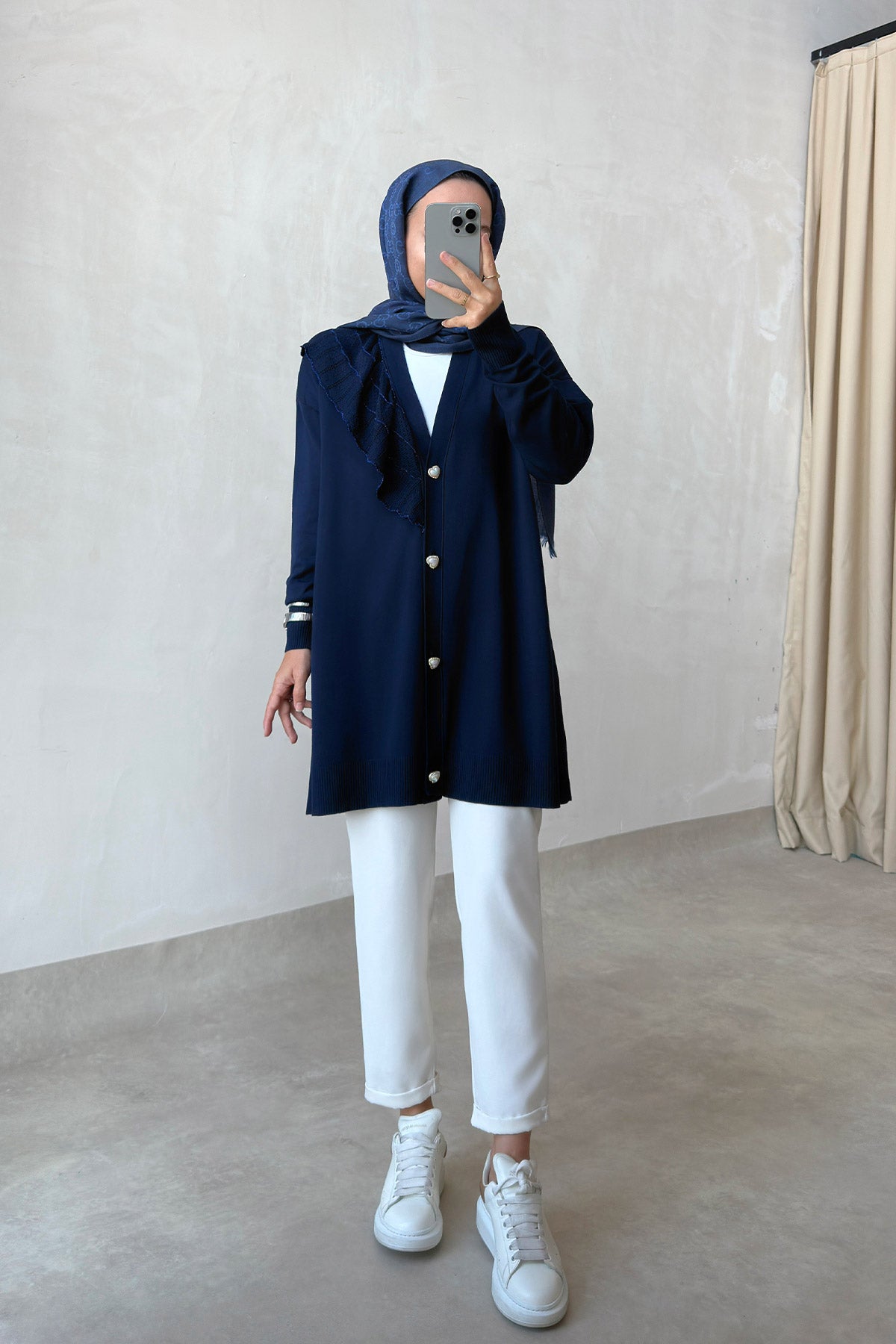 Ruffle Shoulder Navy Mercerized Cardigan