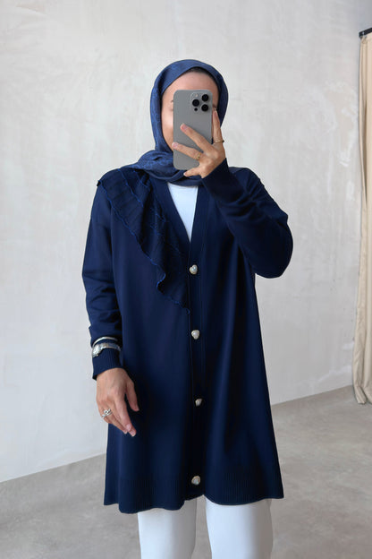 Ruffle Shoulder Navy Mercerized Cardigan