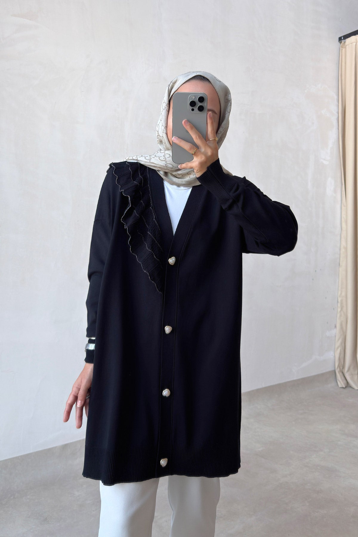 Ruffle Shoulder Black Mercerized Cardigan