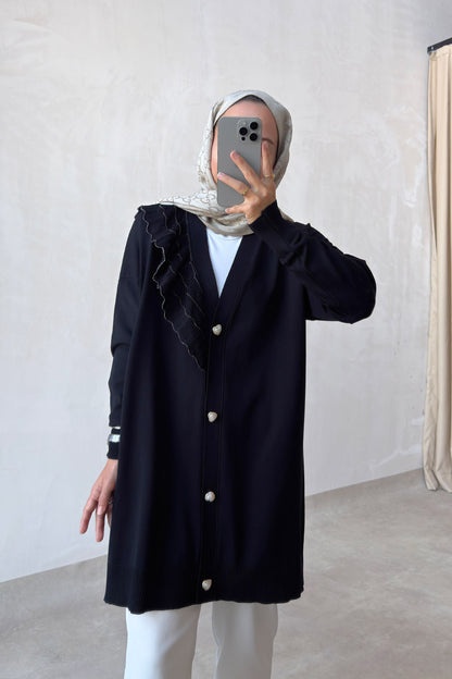 Ruffle Shoulder Black Mercerized Cardigan