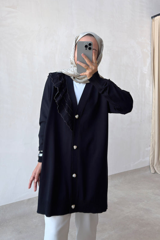 Ruffle Shoulder Black Mercerized Cardigan