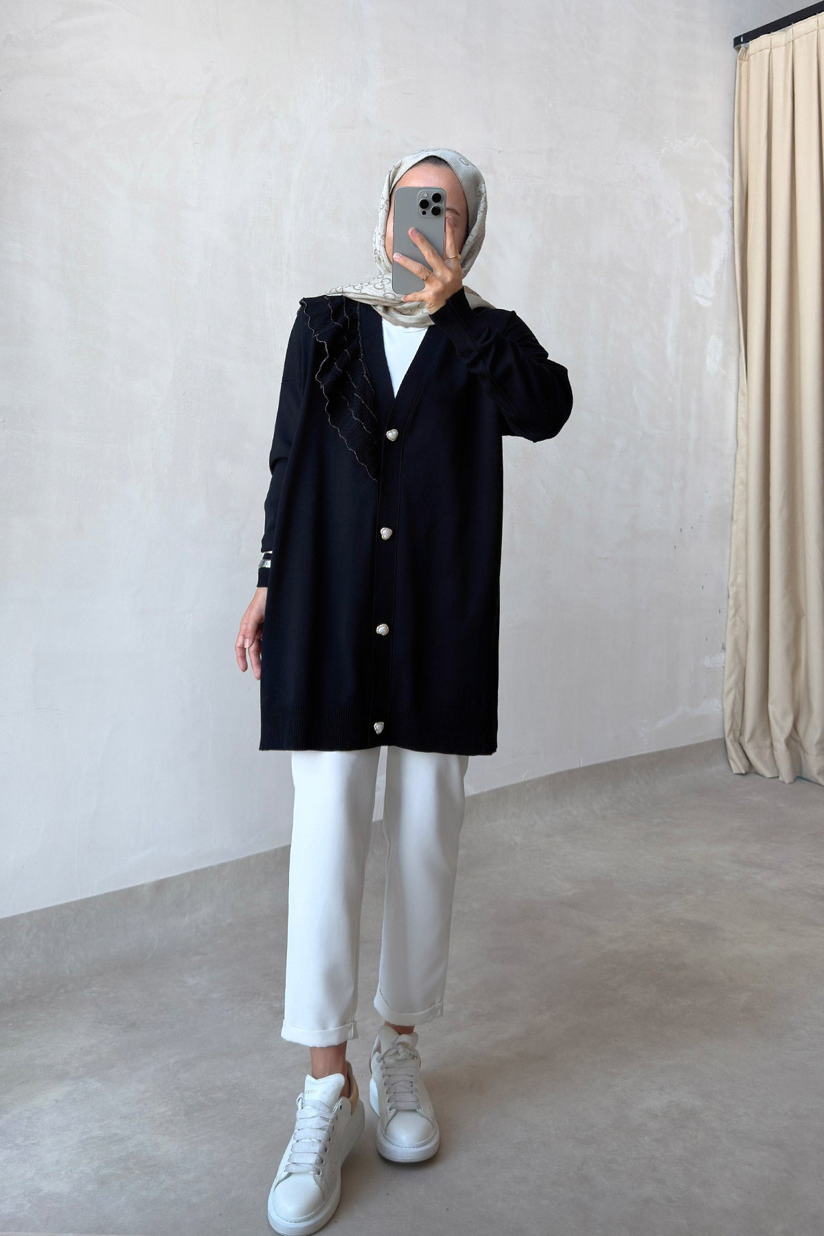 Ruffle Shoulder Black Mercerized Cardigan