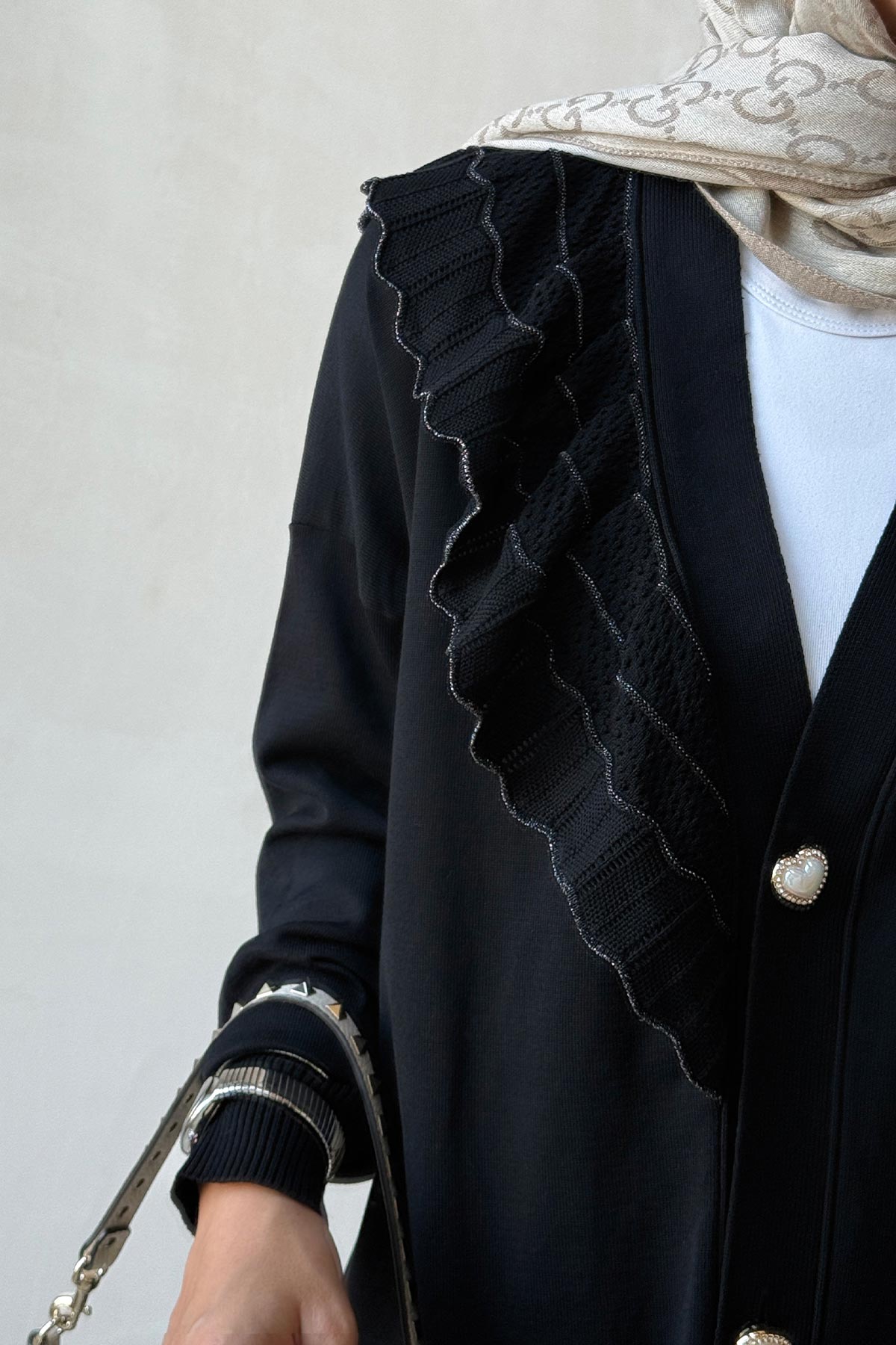 Ruffle Shoulder Black Mercerized Cardigan