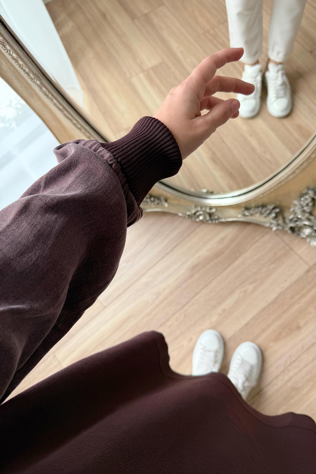 Button-Shoulder Mock Neck Mercerized Tunic - Brown