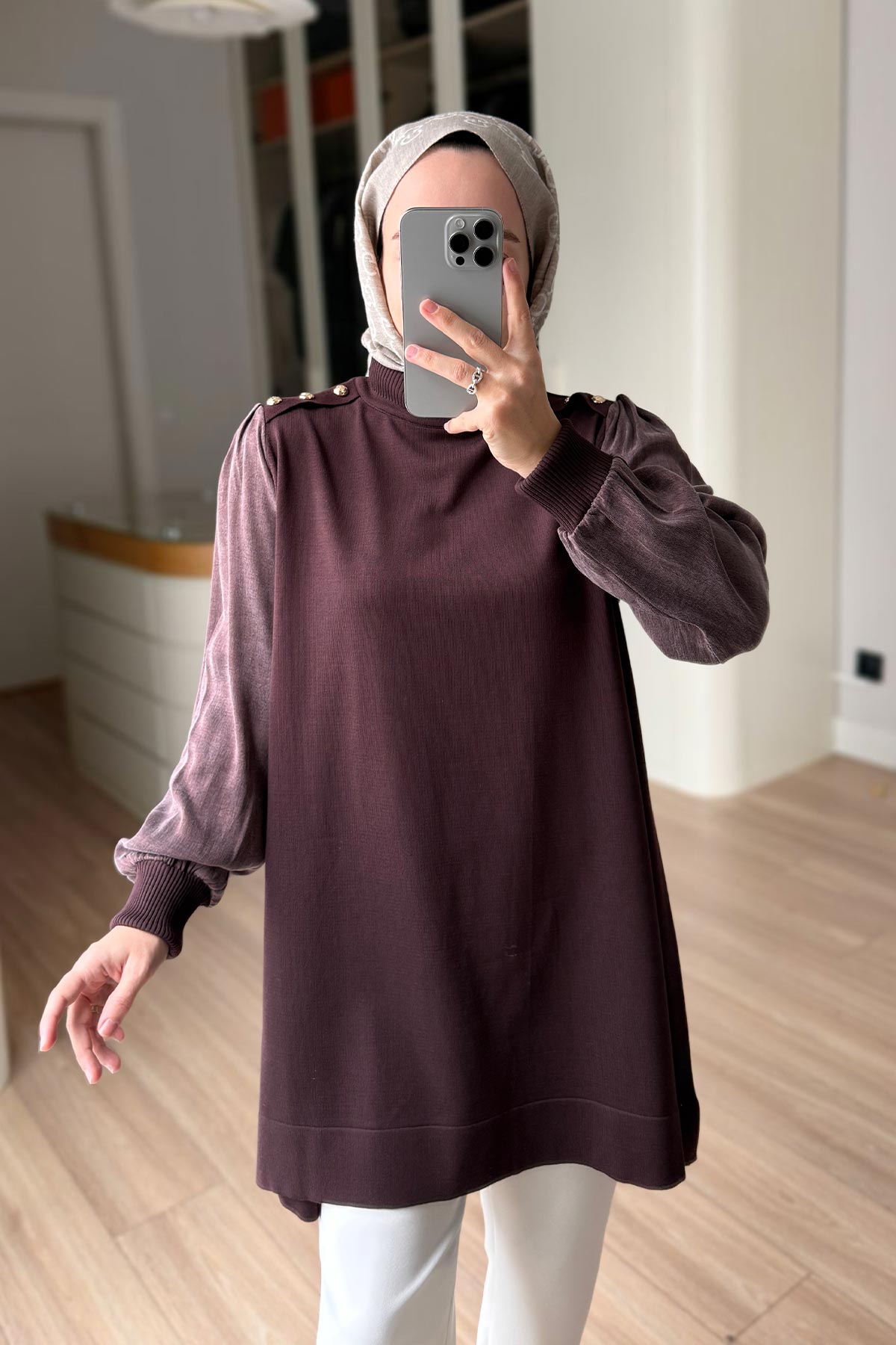 Button-Shoulder Mock Neck Mercerized Tunic - Brown