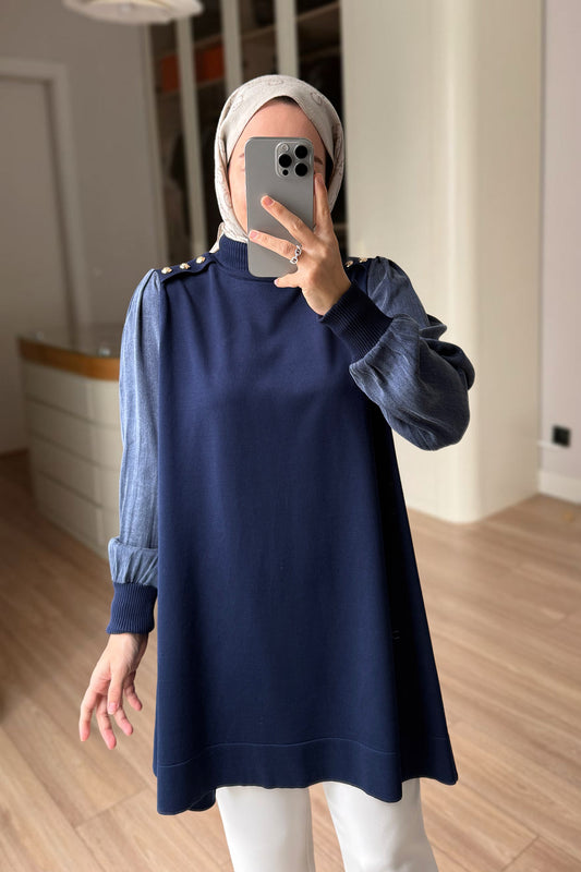 Button-Shoulder Mock Neck Mercerized Tunic - Navy Blue