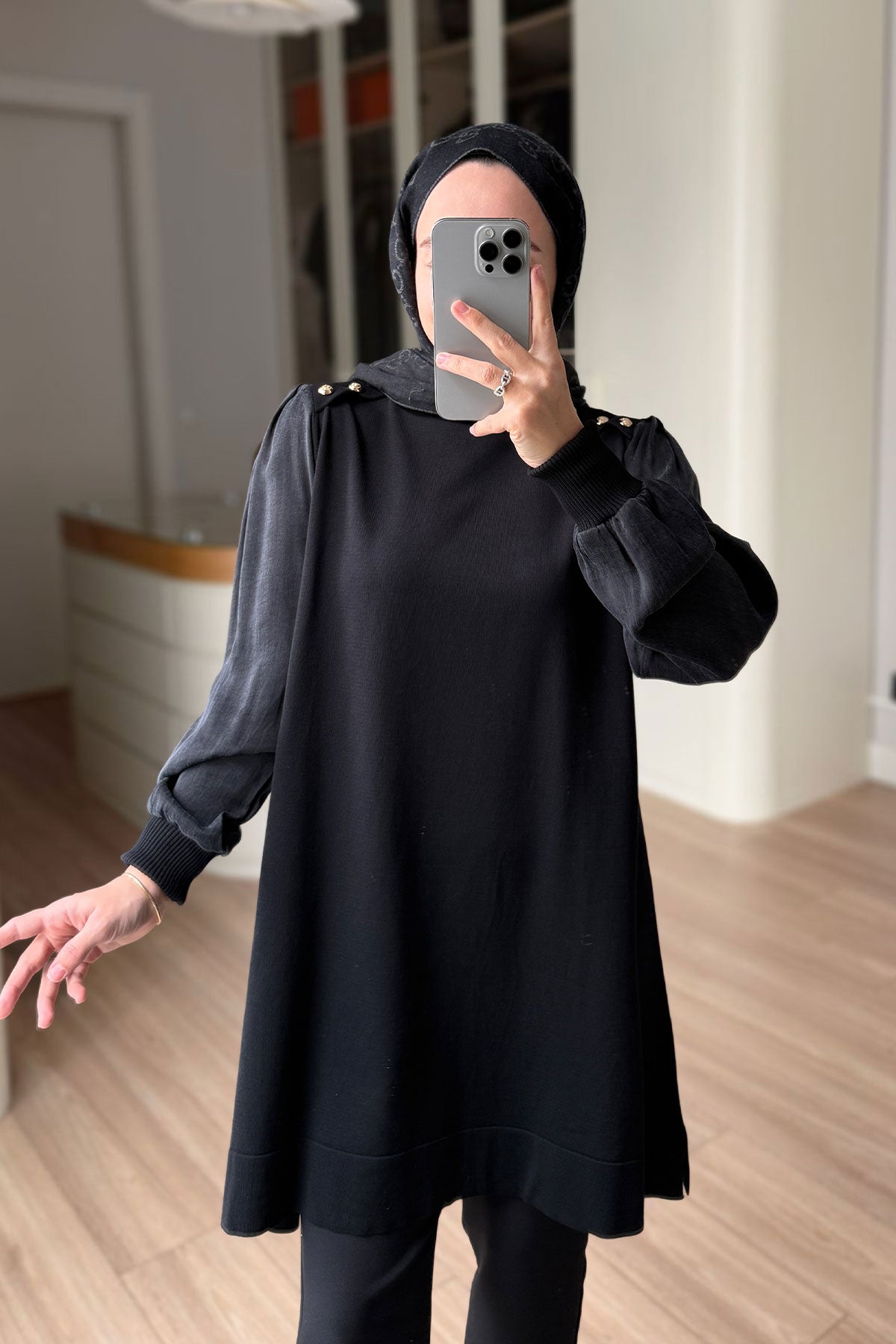 Button-Shoulder Mock Neck Mercerized Tunic - Black