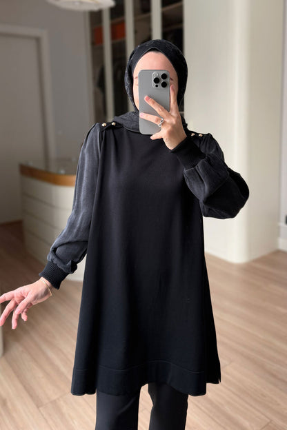 Button-Shoulder Mock Neck Mercerized Tunic - Black