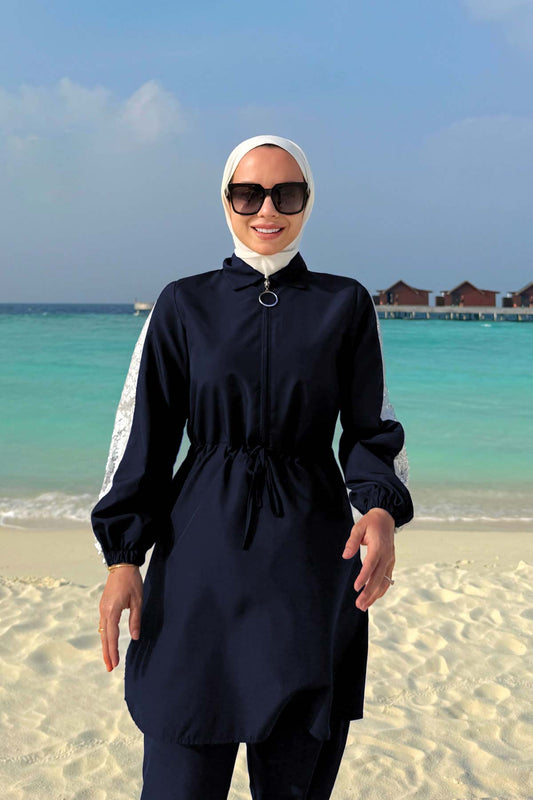 Sequin Detail Modest Swimsuit - Navy Blue