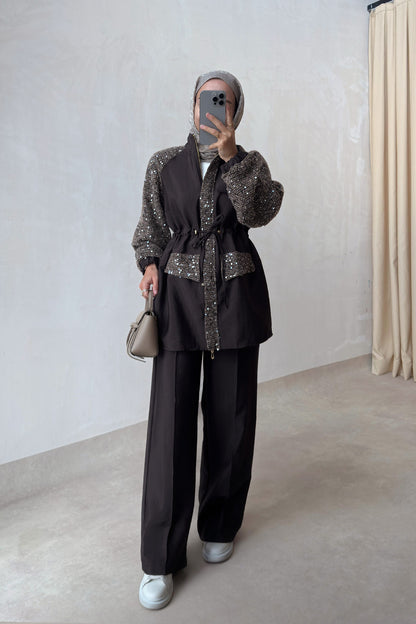 Sequin Two-Piece Suit with Drawstring Waist - Brown
