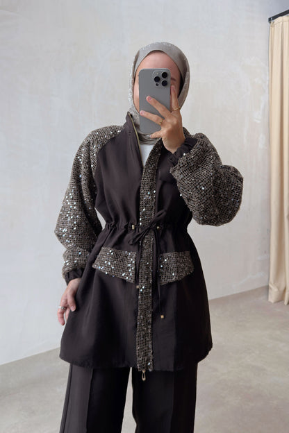 Sequin Two-Piece Suit with Drawstring Waist - Brown