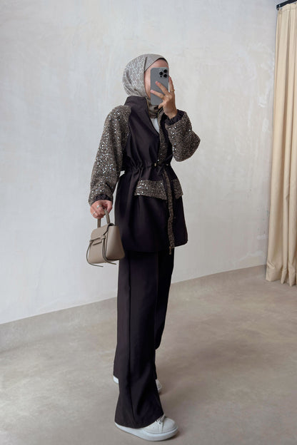 Sequin Two-Piece Suit with Drawstring Waist - Brown