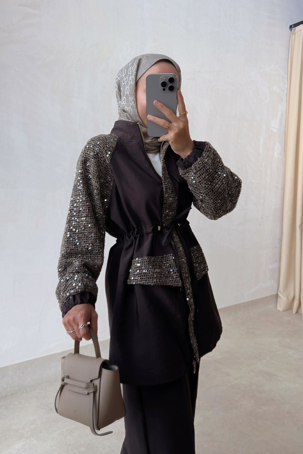 Sequin Two-Piece Suit with Drawstring Waist - Brown