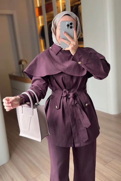 Denim Suit with Cape - Burgundy