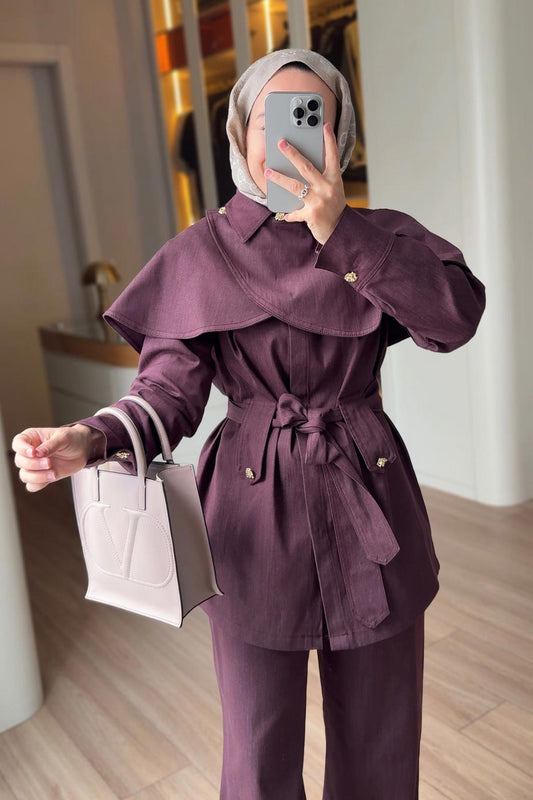 Denim Suit with Cape - Burgundy