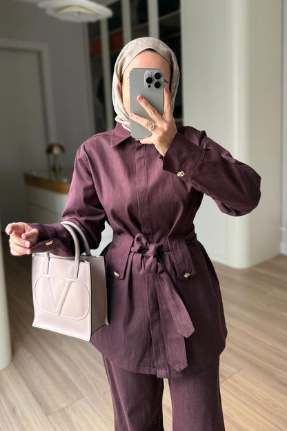 Denim Suit with Cape - Burgundy