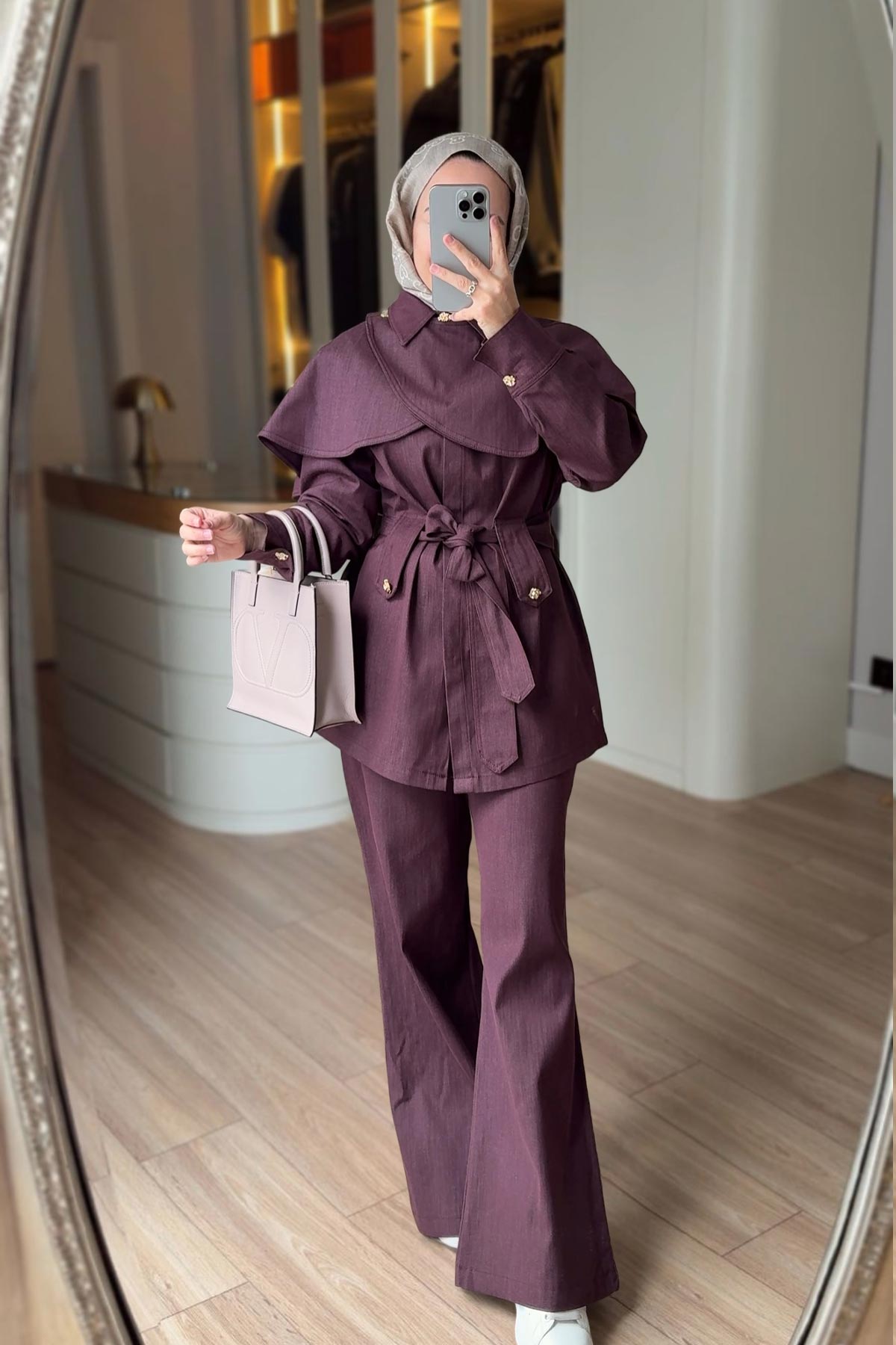 Denim Suit with Cape - Burgundy