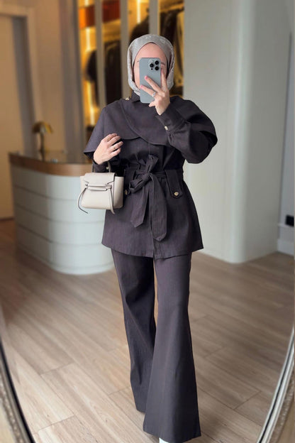 Denim Suit with Cape - Brown