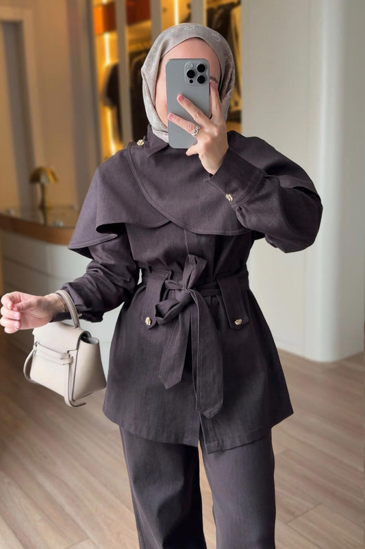 Denim Suit with Cape - Brown