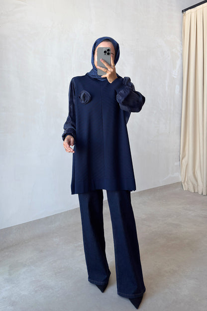 Rose Silk Cupra Sleeve Navy Mercerized Tunic