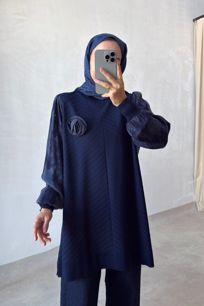 Rose Silk Cupra Sleeve Navy Mercerized Tunic