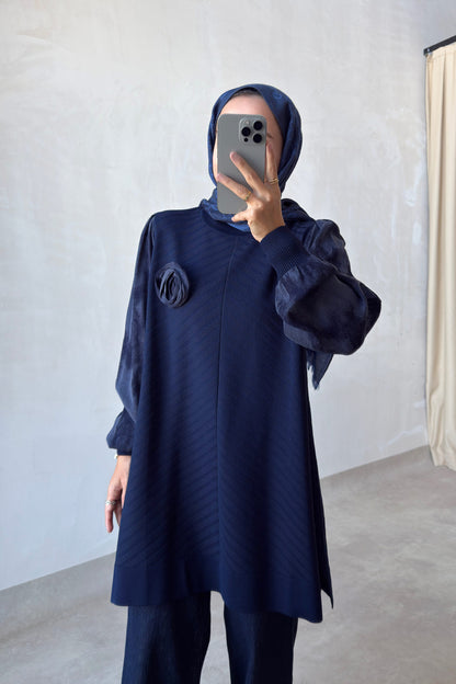 Rose Silk Cupra Sleeve Navy Mercerized Tunic
