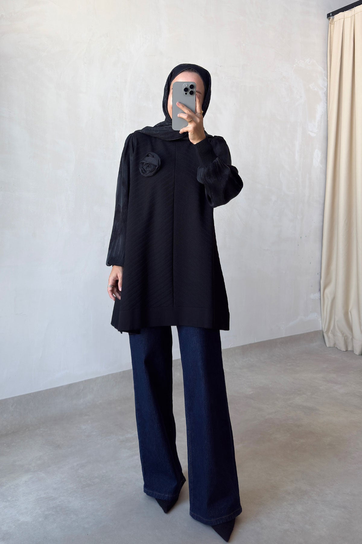 Rose Silk Cupra Sleeve Black Mercerized Tunic